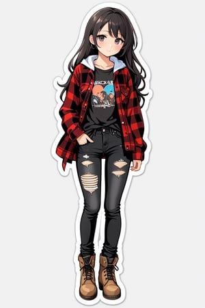 ((best quality)), ((masterpiece)), (detailed), anime girl sticker, Flannel shirt, Band tee, Black skinny jeans, Lace-up boots, full body, simple background,Stickers,Sticker
