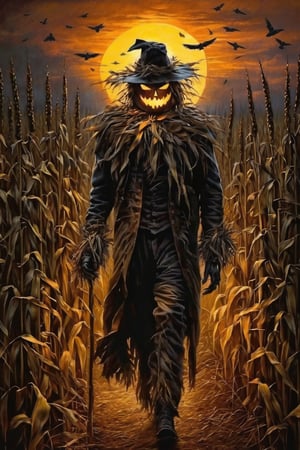 A mesmerizing masterpiece of a ominous SCARECROW with glowing eyes and a leathery face walking through a row of corn stalks, crows, dusk, meticulously detailed. the design exudes confidence and strength