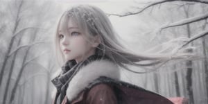 ((best quality)), ((masterpiece)), (detailed), White hair, detailed, red eyes, windy, floating hair, snowy, upper body, detailed face, winter, trees, sunshine,girl
