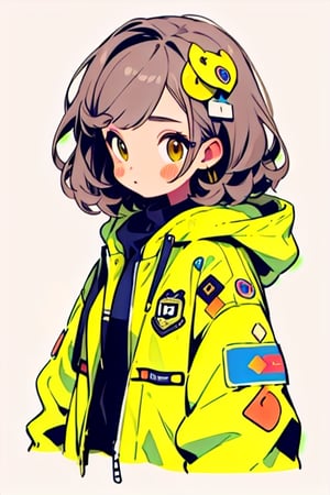((best quality)), ((masterpiece)), (detailed), one cute girl in a yellow sports jacket with a hood, simple background, Stickers,Sticker,simple details