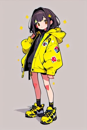 ((best quality)), ((masterpiece)), (detailed), one cute girl in a yellow sports jacket with a hood, full body, simple background, Stickers,Sticker,simple details