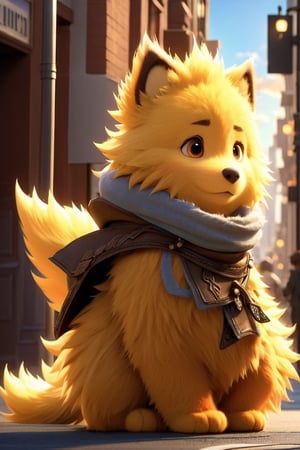 waiting on a city street corner , at sun rise, cute warrior from Final Fantasy, cute, photo shooting, pixar animation, highly detailed fur