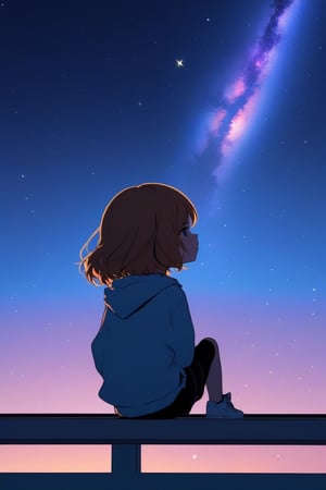 ((best quality)), ((masterpiece)), (detailed), illustration of A girl gazes at the cosmic expanse from a rooftop – detailed night sky, twilight hues, rooftop silhouette, the end of the world, viewed from below, sitting, full body,chibi,simple background,concept art,sots art,kawaii sticker,sticker