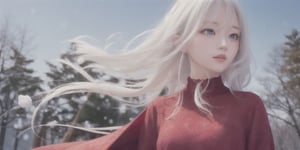 ((best quality)), ((masterpiece)), (detailed), White hair, detailed, red eyes, windy, floating hair, snowy, upper body, red dress, detailed face, winter, trees, sunshine,girl