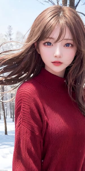 ((best quality)), ((masterpiece)), (detailed), photorealistic highly detailed 4k photography, White hair, detailed, red eyes, windy, floating hair, snowy, upper body, red sweater, detailed face, winter, trees, sunshine,girl,