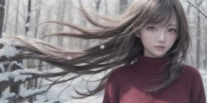((best quality)), ((masterpiece)), (detailed), photorealistic highly detailed 8k photography, White hair, detailed, red eyes, windy, floating hair, snowy, upper body, red sweater, detailed face, winter, trees, sunshine,girl