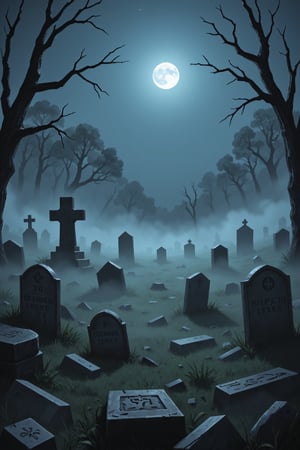 A flat 2D graveyard scene with old, crumbling TOMBSTONEs and thick fog rolling across the ground. The moon shines dimly through the fog, casting eerie shadows on the TOMBSTONEs. The trees in the background are dark and leafless, adding to the ominous atmosphere