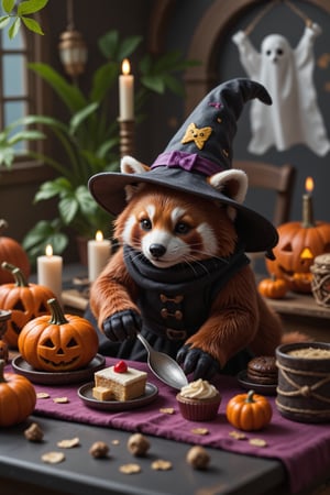 a red panda making dessert, dressed in a witch hat and a witch HALLOWEEN COSTUME, and halloween decoration, with a pumpkin, candles, and a sheet ghost in the background, a fun and memorable image(indoor,very wide isometric view,tilt-shift lens:1.4), (miniature,diorama,no_realistic,no_photo:1.4) of (stasis _chamber:1.3),glass building