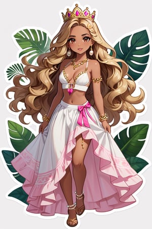 ((best quality)), ((masterpiece)), (detailed), tropical princess girl, Latina brown dark tanned skin, long GOLDEN BLONDE wavy hair, stunning PINK eyes, dainty white tropical princess outfit, beautiful bralette and flowy skirt, bedlah, sultana, thin breezy fabrics, pearls in hair, full body, simple background,Stickers,Sticker