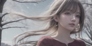 ((best quality)), ((masterpiece)), (detailed), photorealistic highly detailed 8k photography, White hair, detailed, red eyes, windy, floating hair, snowy, upper body, red dress, detailed face, winter, trees, sunshine,girl