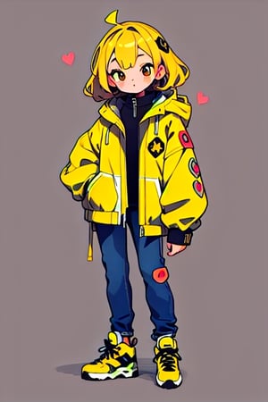 ((best quality)), ((masterpiece)), (detailed), one cute girl in a yellow sports jacket with a hood, black jeans, full body, simple background, Stickers,Sticker,simple details