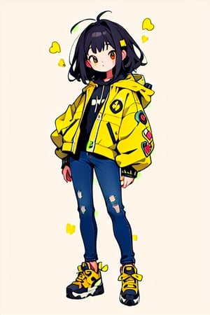 ((best quality)), ((masterpiece)), (detailed), one cute girl in a yellow sports jacket with a hood, black skinny jeans, full body, simple background, Stickers,Sticker,simple details