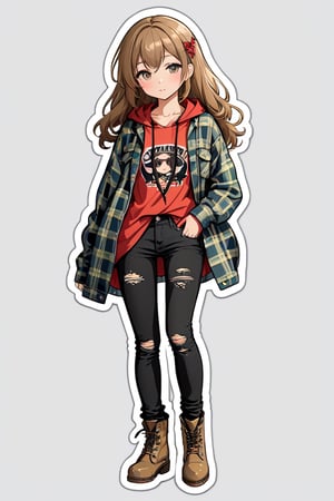 ((best quality)), ((masterpiece)), (detailed), anime girl sticker, Flannel shirt, Band tee, Black skinny jeans, Lace-up boots, full body, simple background,Stickers,Sticker