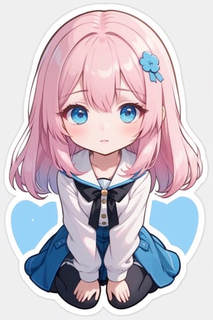 ((best quality)), ((masterpiece)), (detailed), 1girl,light pink hair, gradient hair, blue eyes, medium hair, cute face, innocent, full body, fully clothed, origin,looking at viewer,sticker