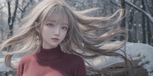 ((best quality)), ((masterpiece)), (detailed), photorealistic highly detailed 8k photography, White hair, detailed, red eyes, windy, floating hair, snowy, upper body, red sweater, detailed face, winter, trees, sunshine, midriff 23680387,girl
