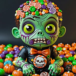 A mesmerizing masterpiece of a cute zombie filled with various halloween CANDY, meticulously detailed. the design exudes confidence and strength