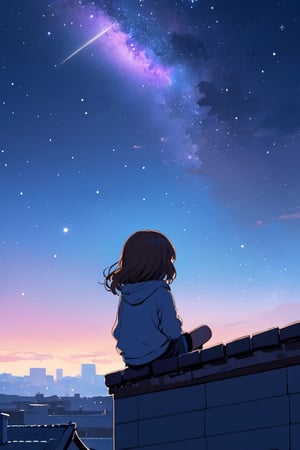 ((best quality)), ((masterpiece)), (detailed), illustration of A girl gazes at the cosmic expanse from a rooftop – detailed night sky, twilight hues, rooftop silhouette, the end of the world, viewed from below, sitting, full body, chibi, white background, simple background,concept art,sots art,kawaii sticker,sticker
