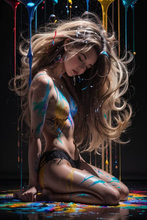 a beautiful female model, a beautiful young woman, subject immersed in a dazzling, kaleidoscopic array of paint-like patterns.Her long, flowing hair cascades down in a fluid motion, intricately intertwined with vivid splashes of color that mimic dripping paint. The dark backdrop intensifies the brilliance of the hues enveloping her form, evoking a sense of freedom, creativity, and the boundless expression of human emotion. This captivating artwork embodies artistic liberation and the limitless potential of human creativity.