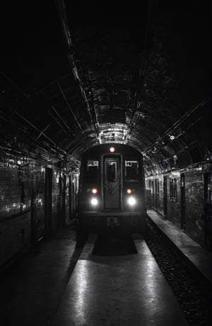Underground train, dark all around, dreamy atmosphere, contrast, front angle of the subway, you see the train from the outside, style raw.