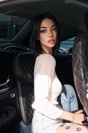 a beautiful female model, a beautiful young woman looking at viewer, short hair, black hair, sitting, pants, black eyes, lips, denim, ground vehicle, motor vehicle, realistic, car, car interior