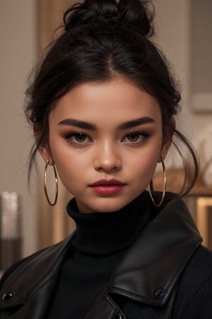 a beautiful female model, a beautiful young woman, looking at viewer, short hair, brown hair, black hair, brown eyes, jewelry, jacket, earrings, dark skin, hair bun, dark-skinned female, lips, makeup, turtleneck, single hair bun, eyeshadow, hoop earrings, turtleneck sweater, black sweater