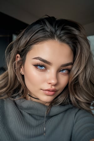 a beautiful female model, a beautiful young woman with long, wavy brown hair is seen. She is wearing a gray t-shirt, adorned with a silver necklace around her neck, adding a touch of color to her face. Her eyes are a piercing blue, and her lips are a vibrant shade of red. Her hair is cascading down her shoulders, framing her forehead. The backdrop is a stark white, and the lighting is subdued, creating a striking contrast.