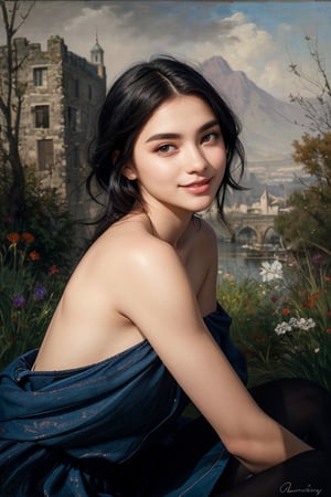 a beautiful female model, a beautiful young woman, exuding grace and beauty, is 19 years old. She has a delicate smile and her raven-black hair falls gently around her shoulders. The background features a blurred, impressionistic landscape, adding depth and contrast to her poised figure. The overall mood of the painting is serene and captivating.