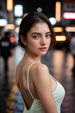 portrait, sexy, natural beauty, dark hair, pinned up hair, shown nec, green eyes, photorealistic,REALISTIC,EveDumon, shown shoulders, short depth of field, blured lights on background, dark light, city light on background, neons, japanese characters, light rain, wet dress, wet skin, city lights reflecting on puddles, small drops, translucent dress, green eyes,,<lora:659111690174031528:1.0>