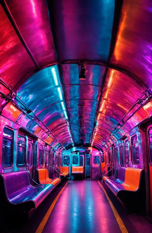 Underground train, all around full of colored lights, dreamy atmosphere, contrast, style raw.