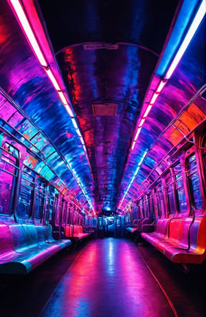 Underground train, all around full of colored lights, dreamy atmosphere, contrast, style raw.,night city