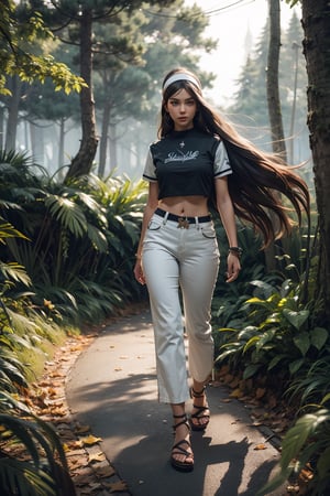 A young girl, Indonesian face, 30 years old, a white light emerges from his hands, athletically built, wearing a white silat shirt and trousers, smooth, long hair with a white headband, wearing an arm bracelet, on top  Batu wears full body sandals, looks far away, forest, fallen leaves, wind effects, very realistic detailed cinematic dramatic rendering unreal engine 5 ultra hd 128k sdxl midjourney.
