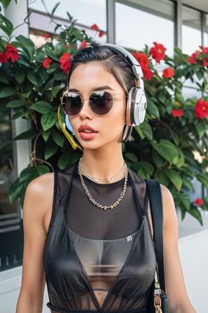 a beautiful female model, a beautiful young woman short hair, black hair, jewelry, swimsuit, upper body, flower, bikini, necklace, bag, lips, see-through, black bikini, headphones, sunglasses