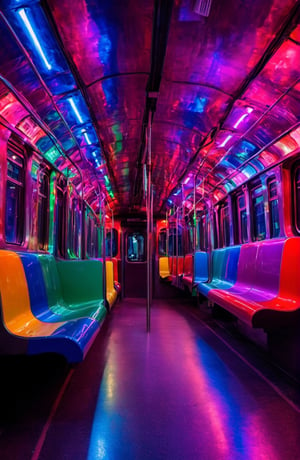 Underground train, all around full of colored lights, dreamy atmosphere, contrast, style raw.