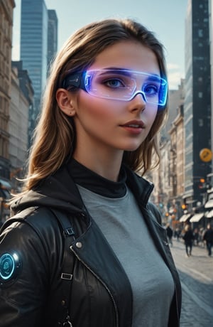 A young woman walks through a city with augmented reality glasses and organizes a trip with a digital assistant. highly detailed, photorealistic, hyperreal, cinematic atmosphere.