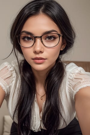 a beautiful female model, a beautiful young woman, with long black hair wearing round glasses that frame her face beautifully. She wore a cream blouse that gave off a simple yet elegant impression. His facial expression looks calm and natural. The background of the image is a plain white wall, which makes the main focus focus on the woman's appearance. Overall, this image depicts a woman who looks intelligent, beautiful and has an attractive charm.