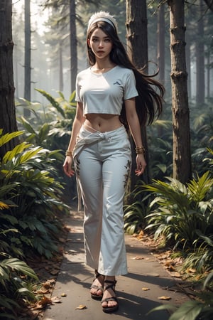 A young girl, Indonesian face, 30 years old, a white light emerges from his hands, athletically built, wearing a white silat shirt and trousers, smooth, long hair with a white headband, wearing an arm bracelet, on top  Batu wears full body sandals, looks far away, forest, fallen leaves, wind effects, very realistic detailed cinematic dramatic rendering unreal engine 5 ultra hd 128k sdxl midjourney.