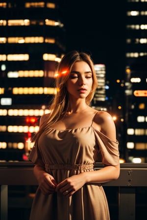 a beautiful female model, a beautiful young woman, against a backdrop of city buildings at night, with illuminated windows. The woman appears blurred and slightly in motion, creating a blending effect with the city lights behind her. She wears a dress with an open shoulder, adding a touch of sensuality. The lighting is dominated by warm colors like orange and yellow, enhancing the tranquil yet emotional nighttime atmosphere. The blur and lighting effects convey a sense of melancholy and mystery.