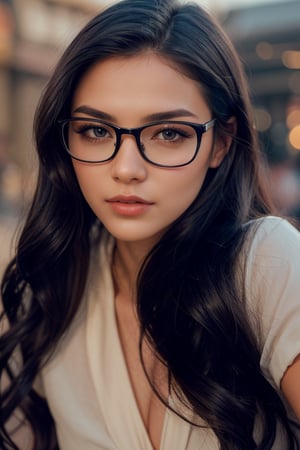 a beautiful female model, a beautiful young woman, with long, wavy dark hair. He wore black-rimmed glasses that framed his face beautifully. His facial expression looked calm and confident. The background appears slightly blurred, making the main focus focus on the woman's face and appearance.