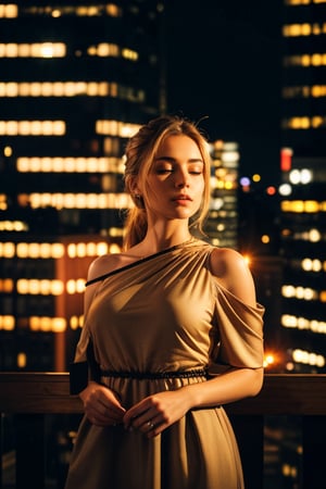 a beautiful female model, a beautiful young woman, against a backdrop of city buildings at night, with illuminated windows. The woman appears blurred and slightly in motion, creating a blending effect with the city lights behind her. She wears a dress with an open shoulder, adding a touch of sensuality. The lighting is dominated by warm colors like orange and yellow, enhancing the tranquil yet emotional nighttime atmosphere. The blur and lighting effects convey a sense of melancholy and mystery.