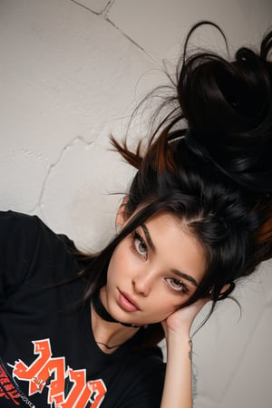 a beautiful female model, a beautiful young woman with long dark hair, wearing a black t-shirt with the word "ACDC" written in orange letters. Her eyes are a piercing blue, her lips are a darker shade of brown, her hair cascades in a ponytail, adding a pop of color to the scene. Her left hand is resting on her hip, her right hand resting on the wall. The backdrop is a plain white wall, creating a stark contrast to the woman's black shirt.