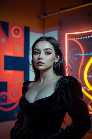 a beautiful female model, a beautiful young woman with fair skin, wearing a black dress with a sweetheart neckline. She is illuminated by a soft spotlight in a dimly lit room with a warm ochre hue. The background features bold abstract geometric shapes in red, blue, and yellow, along with psychedelic swirls and neon accents, blending the urban edge of Banksy with the soft light of Monet. Her calm, enticing expression contrasts with the vibrant, modern backdrop, creating a portrait that feels both edgy and timeless.