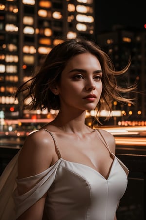 a beautiful female model, a beautiful young woman, with a poignant expression, her eyes gazing into the distance. Her dress features a stunning open shoulder design, adding a touch of allure. The cityscape behind her is a blur of glowing windows, with warm hues of orange and yellow illuminating the night. The motion blur of the cityscape and the woman's hair creates a dreamlike, melancholic atmosphere, as if time itself has slowed down to capture the essence of this emotional moment.