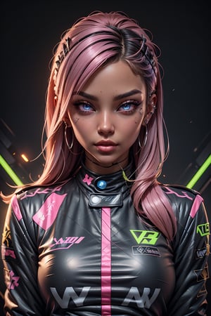 hard surface Sci Fi, female race car driver wearing art deco clothing, facial piercings, glowing eyes, neon makeup, stylize 777.