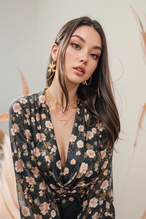 a beautiful female model, a beautiful young woman stands in front of a stark white backdrop. She is dressed in a black blouse adorned with blue and orange flowers, her hair cascades over her shoulders. She's wearing a gold necklace and earrings, adding a touch of charm to her outfit. The woman's eyes are open, her lips are pursed in a pinkish-brown hue. Her hair is long and cascades down to her shoulders, framing her face. The backdrop is a soft white wall, creating a stark contrast to the woman's outfit.