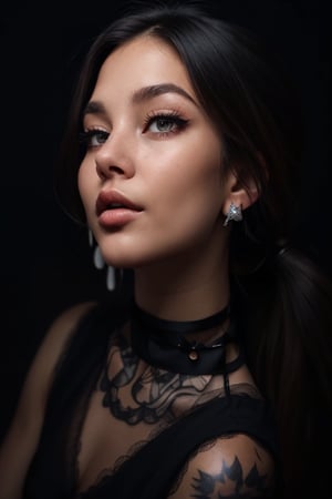 a beautiful female model, a beautiful young woman face is featured prominently in the frame. She is wearing a black dress adorned with a black choker around her neck and a pair of silver earrings. Her hair is pulled back in a ponytail, adding a touch of texture to her face. The background is a solid black, creating a stark contrast to her black dress.