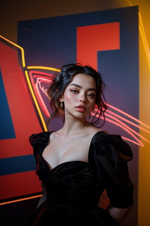 a beautiful female model, a beautiful young woman with fair skin, wearing a black dress with a sweetheart neckline. She is illuminated by a soft spotlight in a dimly lit room with a warm ochre hue. The background features bold abstract geometric shapes in red, blue, and yellow, along with psychedelic swirls and neon accents, blending the urban edge of Banksy with the soft light of Monet. Her calm, enticing expression contrasts with the vibrant, modern backdrop, creating a portrait that feels both edgy and timeless.