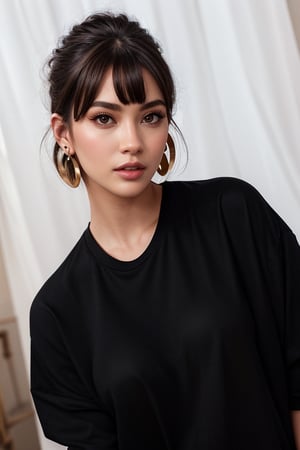 a beautiful female model, a beautiful young woman looking at viewer, short hair, brown hair, shirt, black hair, jewelry, upper body, earrings, parted lips, black eyes, lips, head tilt, black shirt, curtains, realistic