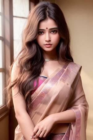 High quality, masterpiece, masterpiece, exquisite facial features, exquisite hair, exquisite eyes, brunette hair, long hair, 4K quality, gorgeous light and shadow, Tyndall effect, halo, messy hair, young state, gorgeous scenes, wearing a traditional saree, in a pink bedroom, wet hair