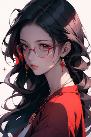 1girl, solo, long hair,oil painting, impasto, looking at viewer, black hair, jewelry,sweater,red eyes,close,earrings, lips,brown skin, necklace,hunter eyes,sharp eyes,glitter,shiny,flirty gaze,lips,white background,circlet,(red glasses,red contrast),masterpiece,beautyniji,nijistyle,niji