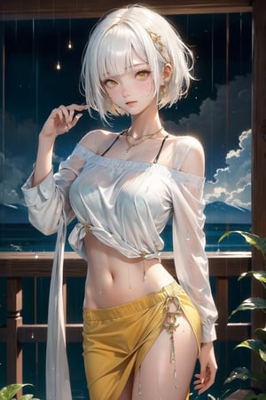 girl, single, tall image, looking at viewer, blush, fringe, highres, short hair, light erotic, standing, yellow eyes, white hair, indoors, blunt bangs, long sleeves, arm up, off shoulder, mole, navel, shirt,standing in rain,water drops,wet